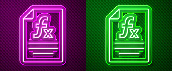 Glowing neon line Function mathematical symbol icon isolated on purple and green background. Vector
