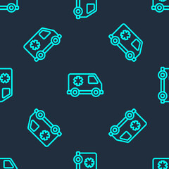 Green line Ambulance and emergency car icon isolated seamless pattern on blue background. Ambulance vehicle medical evacuation. Vector