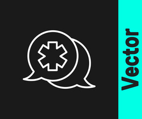 White line Dialogue with the doctor icon isolated on black background. Doctor and patient dialog. Consulting about medical health services. Vector