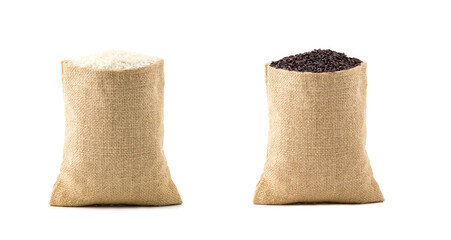 long rice in small burlap bags on white background