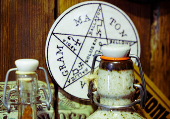 Old fashioned pentagram, healing and witchcraft objects. Magic gothic ritual. Wicca, esoteric,...