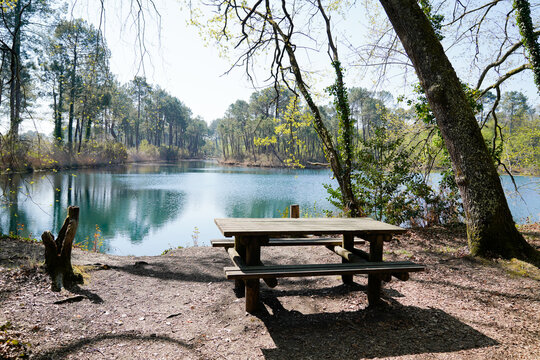 Wooden Picnic Table In Lake Side Coast Landscape Background