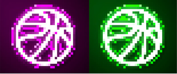 Glowing neon line Basketball ball icon isolated on purple and green background. Sport symbol. Vector