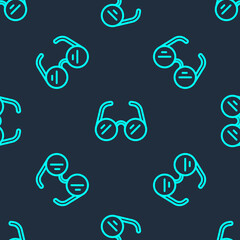 Green line Glasses icon isolated seamless pattern on blue background. Eyeglass frame symbol. Vector