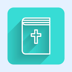 White line Holy bible book icon isolated with long shadow. Green square button. Vector