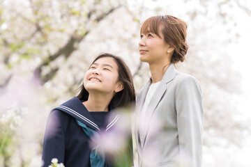 満開の桜と中学校入学式の母親と子ども