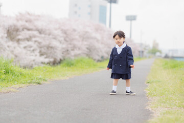 桜の河川敷を歩く幼稚園の女の子