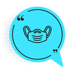 Black line Medical protective mask icon isolated on white background. Blue speech bubble symbol. Vector
