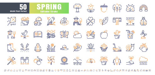 64x64 Pixel Perfect. Spring Season. Bicolor Line Outline Icons Vector. for Website, Application, Printing, Document, Poster Design, etc. Editable Stroke