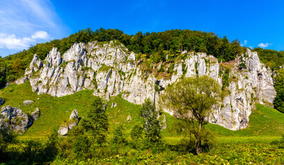 Jurassic limestone mountain massif with Glove Rock - Rekawica - in Pradnik creek valley of Cracow-Czestochowa upland in Ojcow in Lesser Poland