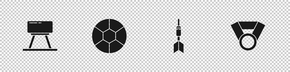 Set Pommel horse, Football ball, Dart arrow and Medal icon. Vector