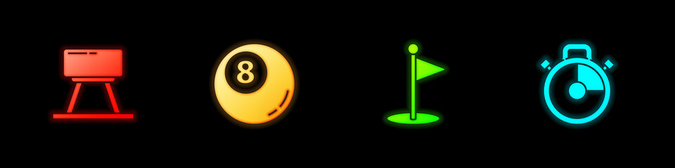 Set Pommel horse, Billiard pool snooker ball, Golf flag and Stopwatch icon. Vector