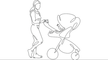 Young mother on a walk with a small child in a stroller. Motherhood and upbringing. One continuous drawing line  logo single hand drawn art doodle isolated minimal illustration.
