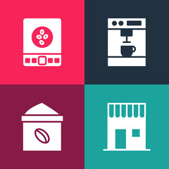 Set pop art Coffee shop, Bag coffee beans, machine and Electronic scales icon. Vector