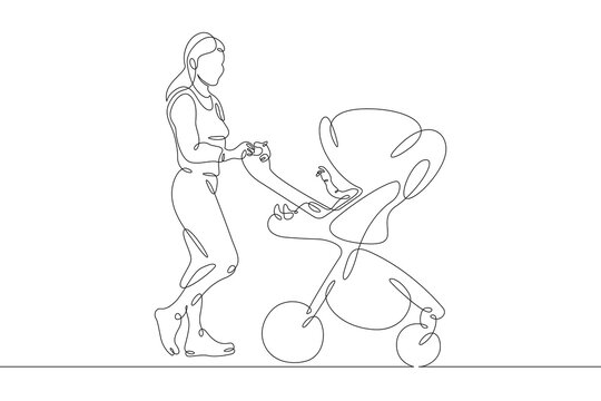 Young mother on a walk with a small child in a stroller. Motherhood and upbringing. One continuous drawing line  logo single hand drawn art doodle isolated minimal illustration.