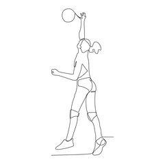 Single line drawing of young male professional volleyball player exercising jumping serve on court vector illustration. Team sport concept. Tournament event. Modern continuous line draw design