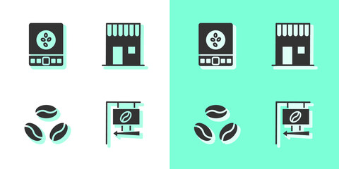 Set Street signboard coffee, Electronic scales, Coffee beans and shop icon. Vector