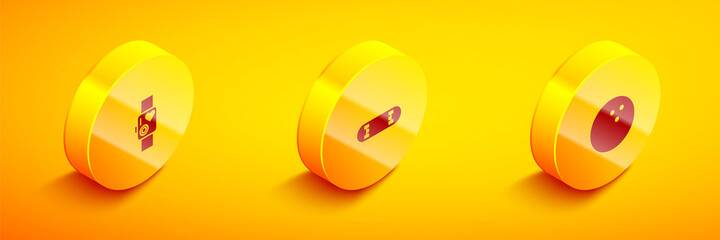 Set Isometric Smart watch showing heart beat rate, Skateboard trick and Bowling ball icon. Vector