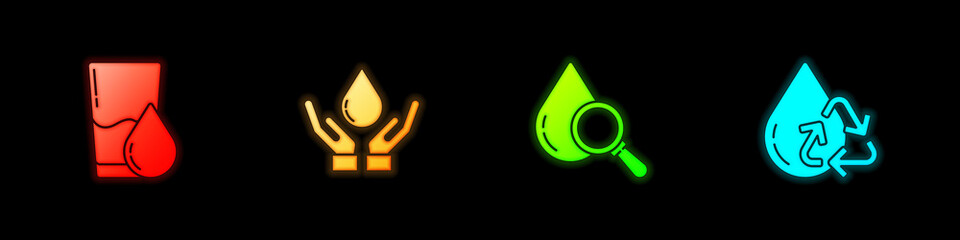 Set Glass with water, Washing hands soap, Drop magnifying glass and Recycle clean aqua icon. Vector