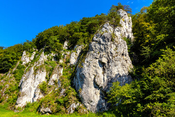 Fototapeta na wymiar Castle rock - Skala Zamkowa - Jurassic limestone mountain massif in Pradnik creek valley of Cracow-Czestochowa upland in Ojcow in Lesser Poland