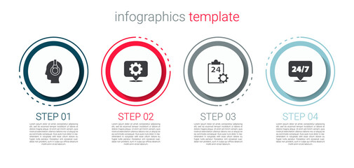 Set Support operator in touch, Location with gear, Checklist 24 hours service and Clock. Business infographic template. Vector
