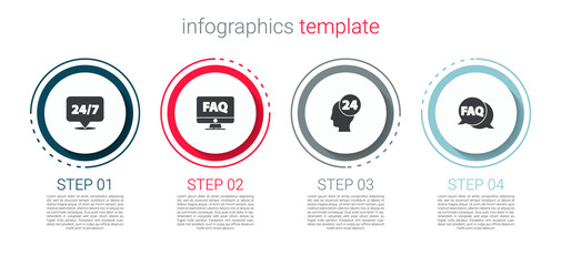 Set Clock 24 hours, Computer monitor and FAQ, Support operator in touch and Speech bubble with. Business infographic template. Vector
