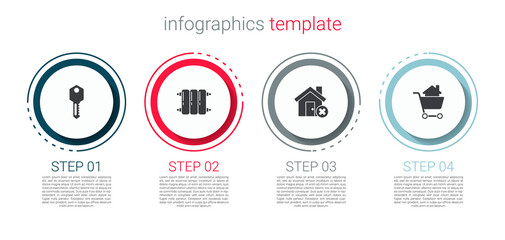 Set House key, Heating radiator, with wrong mark and Shopping cart house. Business infographic template. Vector