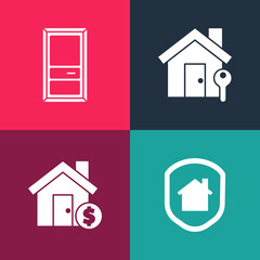 Set pop art House under protection, with dollar symbol, key and Closed door icon. Vector