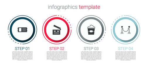 Set Cinema ticket, Movie clapper, Popcorn box and Rope barrier. Business infographic template. Vector