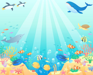 Naklejka na ściany i meble 夏の海でクジラやペンギンやイルカが泳いでいるベクターイラスト背景(風景、コピースペース)