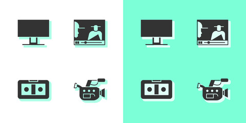 Set Cinema camera, Smart Tv, VHS video cassette tape and Online play icon. Vector