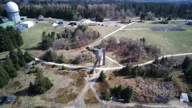 Drone footage of the Erbeskopf in Germany, viewing platform and Trailpark