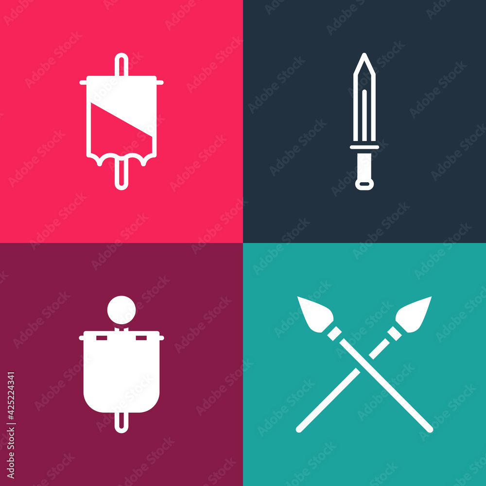 Sticker Set pop art Crossed medieval spears, Medieval flag, sword and icon. Vector