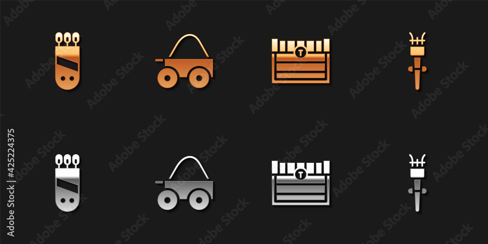 Sticker Set Quiver with arrows, Wooden four-wheel cart, Antique treasure chest and Torch flame icon. Vector