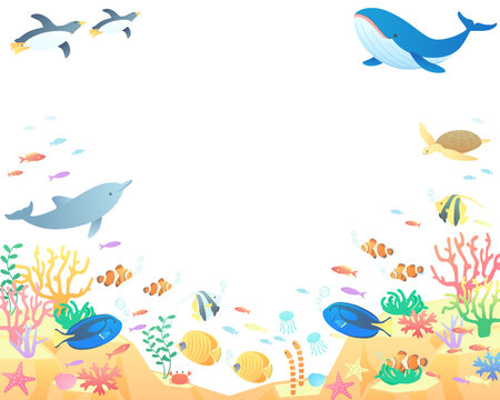 夏の海でクジラやペンギンやイルカが泳いでいるベクターイラスト背景 風景 コピースペース Stock ベクター Adobe Stock 夏の海でクジラやペンギンやイルカが泳いでいるベクターイラスト背景 風景 コピースペース Stock ベクター Adobe Stock