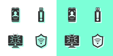 Set Shield with WiFi wireless, Mobile and face recognition, System bug monitor and USB flash drive icon. Vector