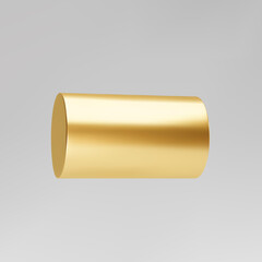 Gold 3d rotating cylinder isolated on grey background. Cylinder pillar, golden pipe. 3d basic geometric shape vector