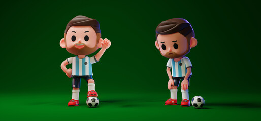 3D render illustration of Argentina football player characters in different emotion, winning and losing with football on dark green background