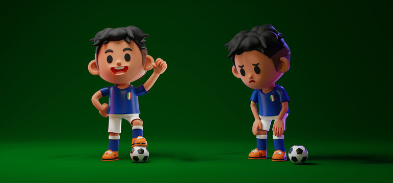3D render illustration of Italy football player characters in different emotion, winning and losing with football on dark green background