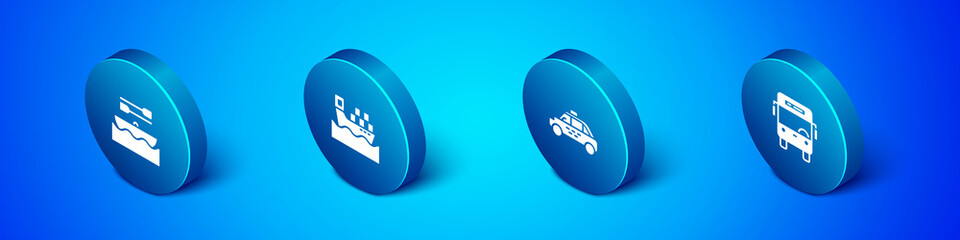 Set Isometric Boat with oars, Taxi car, Bus and Cargo ship boxes icon. Vector