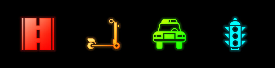 Set Road, Scooter, Police car and flasher and Traffic light icon. Vector