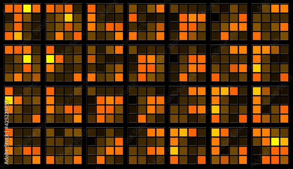Poster abstract graphic background in orange design - square elements with random changed colors in grid pa