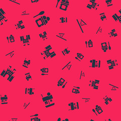 Set Fast street food cart, Ice cream in bowl, Castle and Seesaw on seamless pattern. Vector