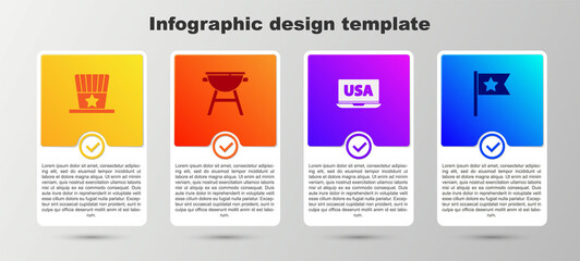 Set Patriotic American top hat, Barbecue grill, USA on laptop and flag. Business infographic template. Vector