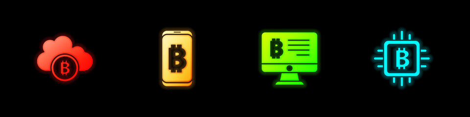 Set Cryptocurrency cloud mining, Mining bitcoin from mobile, monitor and CPU farm icon. Vector