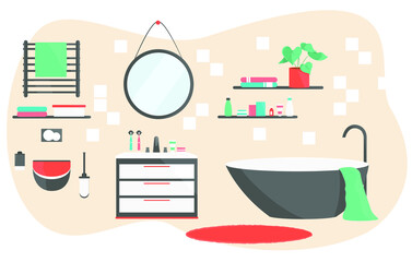 Vector colorful illustration of cosy bathroom interior isolated on white background