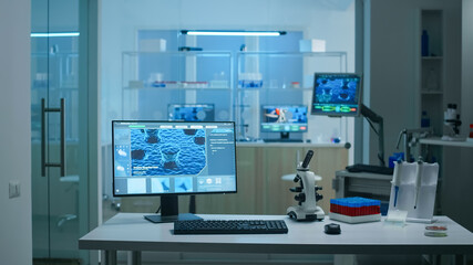 Interior of science laboratory with no people, prepared for pharmaceutical innovation using high tech, microbiology tools for scientific research. Vaccine development against covid19 virus.