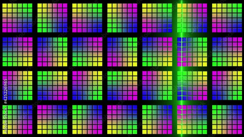 Poster abstract animated background in multicolor grid pattern - brightening from back via light bars in mo