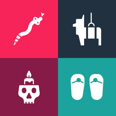 Set pop art Flip flops, Burning candle on a skull, Pinata and Snake icon. Vector
