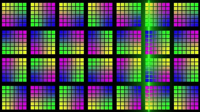 Abstract animated background in multicolor grid pattern - brightening from back via light bars in movement - endless loop